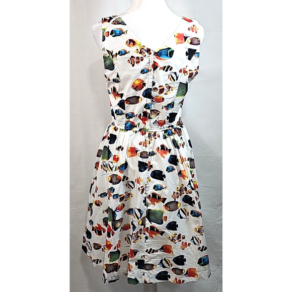 Modcloth Fish Print Knee Length Sundress Size S Artsy Nautical Beach Vacation - Picture 2 of 8